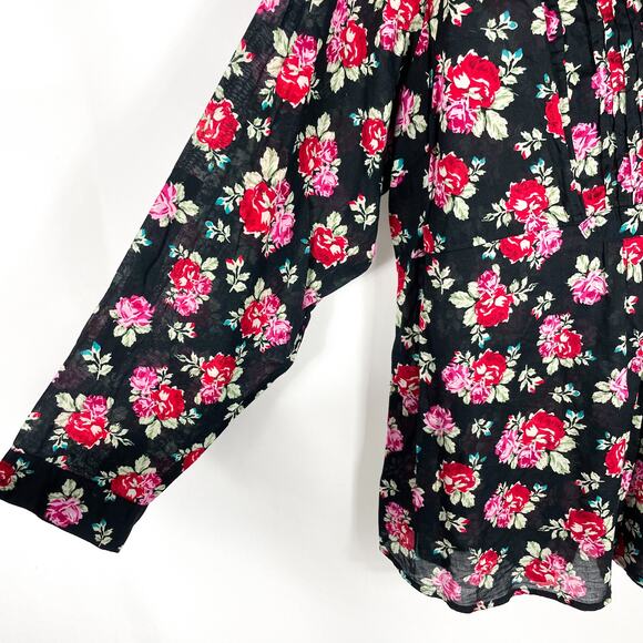 Torrid Top Black Red Floral Print Pleated V-Neck Long Sleeve Sz 3X Cotton Womens - Picture 3 of 6